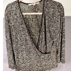 STUDIO M Women's Black & Cream Swirl Print Wrap Style Long Sleeve Blouse Top XL